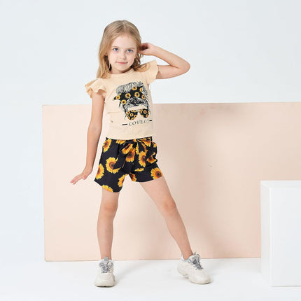 Kid Toddler Girl Clothes Summer Ruffle Sleeve Figure Graphic Shirt + Shorts Summer Outfits Set