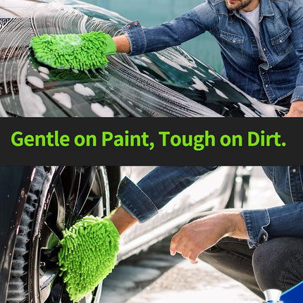 Microfiber Car Wash Mitt, Chenille Wash Mitt for Car Washing | Super Absorbent and Scratch Free, Noodle Gloves for Lifting Dirt from Car, Pack of 2, Green & Gray