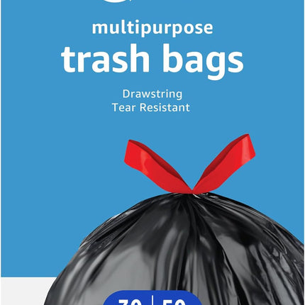 Multipurpose Drawstring Trash Bags, 30 Gallon Capacity, Tear Resistant, 50 Count (Previously Solimo)