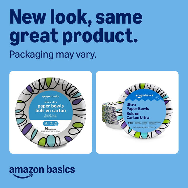 Ultra Disposable Paper Bowls, 20 Oz, Microwave Safe, Soak Proof, Strong & Sturdy, White, 50 Count (Pack of 2), Packaging May Vary