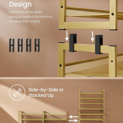 SONGMICS Shoe Rack, 8-Tier Shoe Organizer, Metal Rack for Garage, Set of 2, 4-Tier Stackable Shelf, with Adjustable Flat or Angled Shelves, 32-40 Pairs, Pale Gold ULMR08A02