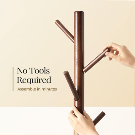 Solid Wooden Coat Rack Freestanding, Hall Tree with 8 Hooks, 3 Height Options for Coats, Hats, Handbags, and Scarves, Tool-Free Assembly, Space Saving Design for Entryway, Office, Bedroom
