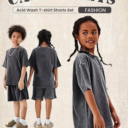Boys Summer Outfits Acid Wash Short Sets 2 Piece Matching Clothes Set | Soft Cotton,Acid Wash,Relaxed Tee & Drawstring Shorts Set,Casual Streetwear