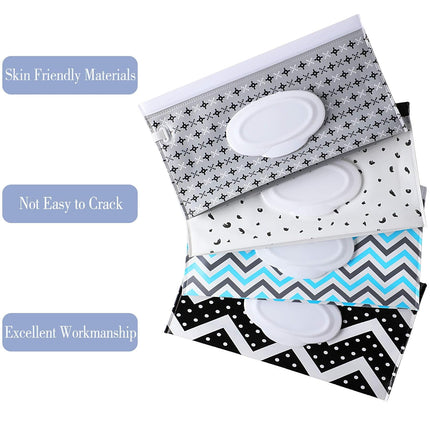 4 Pack Baby Wipe Dispenser, Portable Refillable Wet Wipe Holder | Reusable Travel Wet Wipe Pouch, Zip Locking Seal and Secure Snap Close Lid, Easy Refill and Dispensing, with Wrist Loop