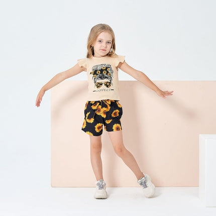 Kid Toddler Girl Clothes Summer Ruffle Sleeve Figure Graphic Shirt + Shorts Summer Outfits Set