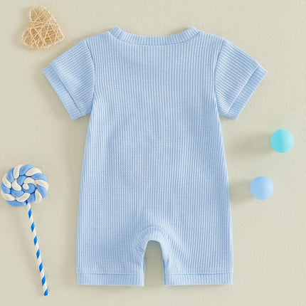 Newborn Infant Baby Boy Summer Jumpsuit Letter Embroidery Short Sleeve Crew Neck Romper Waffle Outfit