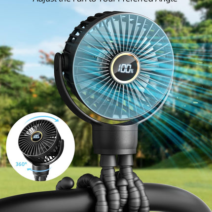 Portable Stroller Mini Fan, Small Rechargeable Personal Fan, Baby Travel Essentials for Wagon, Car Seat, Treadmill, Battery Powered Biking Gear Accessories, 360° Rotation, 3-Speed, Display, Black