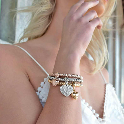 Crystal Charms Multilayer Bracelets - 3PCS Gold/Silver/Rose Gold Corn Chain Bracelet for Women, Tree of Life Heart Shaped Stretch Bracelet