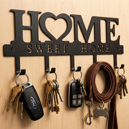 Entryway Wall Key Holder with 5 Hooks, Metal Key Rack Wall Mount for Keys, Bags and Leashes, Decorative Organizer for Entryway, Mudroom or Hallway, Sweet Home Design, 9.8 Inches, Black