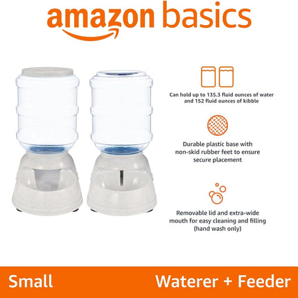 Automatic Pet Water Dispenser and Gravity Food Feeder Set for Cat and Dog, Easy to Clean, 6-Pound Food Capacity, 1-Gallon, Small, Gray, Pack of 2