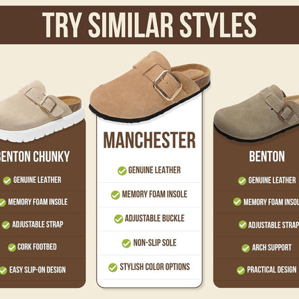 100% Genuine Leather Clogs for Women Shoes - Memory Foam Insole, Non-Slip & Natural Cork Footbed Arch Support Big Buckle Womens Clogs and Mules Footwear (Manchester)