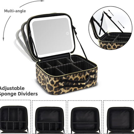 Makeup Bag with Light up Mirror, Travel Makeup Case with Mirror and Lights, Lighted Cosmetic Train Case with 3 Color Settings, Make up Organizer Bag with Adjustable Dividers Brush Board