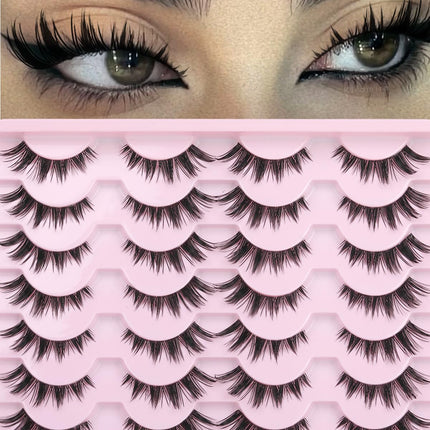 False Eyelashes Bunny Lashes Strips Spiky Eyelashes Natural Look Faux Mink Lashes C Curl 15Mm Wispy Manga Lashes Clear Band Soft Strip Eyelashes Pack for Goth Makeup, 14 Pairs