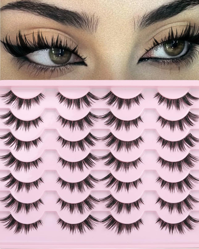 False Eyelashes Bunny Lashes Strips Spiky Eyelashes Natural Look Faux Mink Lashes C Curl 15Mm Wispy Manga Lashes Clear Band Soft Strip Eyelashes Pack for Goth Makeup, 14 Pairs