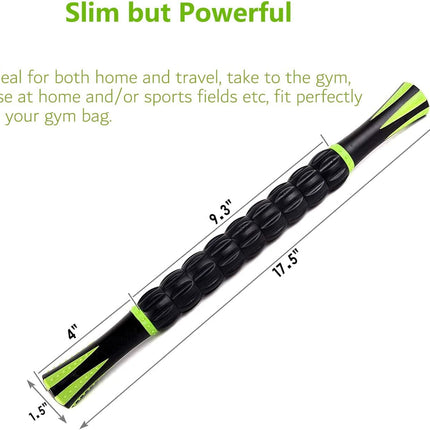 Muscle Roller Stick - Massage Stick for Athletes - Reducing Soreness and Muscle Strain, Soothing Legs Cramps - Physical Therapy & Body Recovery - Black Green