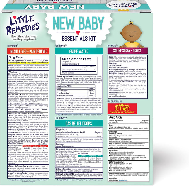 New Baby Essentials Kit with Saline Nasal Spray, Diaper Rash Cream, Gas Relief Drops, Gripe Water & More, Safe for Newborns