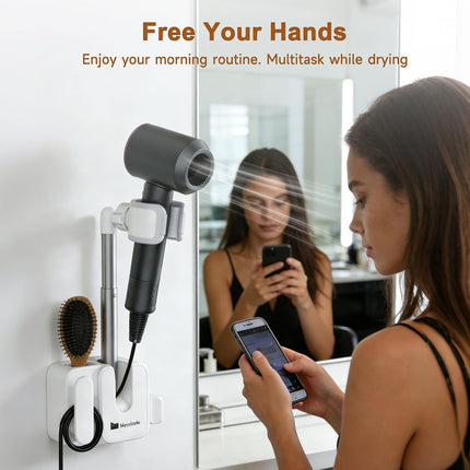 Hands Free Hair Dryer Holder Wall Mount, Anti-Shake Blow Dryer Stand with Storage Slot, Drill-Free Adhesive or Screw Installation, Height & Front-Back Adjustable Arm, Bathroom Organizer(White)