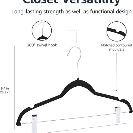 Velvet Non-Slip Skirt Clothes Hangers with Clips, 360 Degree Rotatable Hook, Organize Pants and Skirts, Black/Silver, 24-Pack