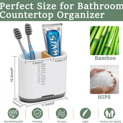 Toothbrush and Toothpaste Holder with Bamboo Divider for Bathroom Countertop Organizer, Detachable for Easy Clean, 2 Slots Electric Toothbrush Holders Storage Caddy Drainage for Family-White