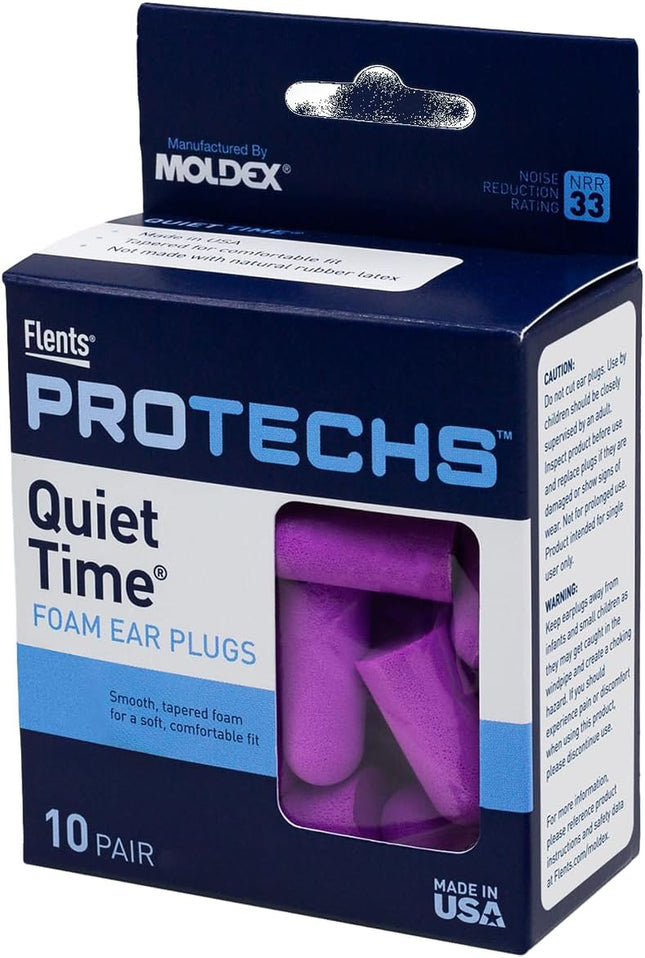 Protechs Quiet Time Foam Ear Plugs, NRR 33, 10 Pair, Purple | Reusable Foam Ear Plugs for Sleeping, Snoring, Loud Noise, Traveling, Concerts, Construction, Studying, Work & Shooting