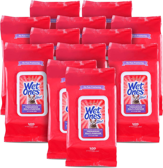 for Pets Freshening Multipurpose Cat Wipes with Aloe Vera, Fresh Scent - Easy to Use Cat Freshening and Grooming Wipes with Wet Lock Seal, 100 Count - 12 Pack