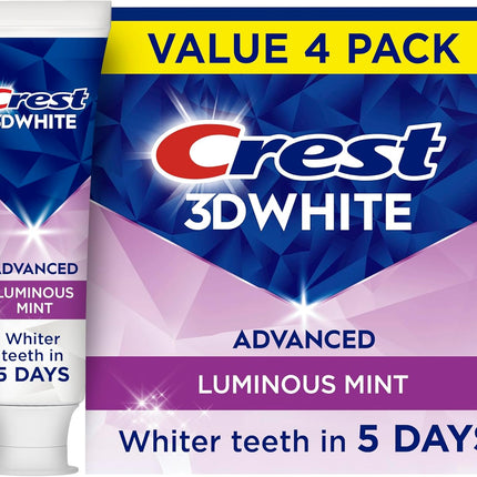3D White Advanced, Teeth Whitening Toothpaste for Adults, 3.7 Oz, 4 Pack, Cavity Protection Fluoride Toothpaste, Strengthens Enamel, Travel Size Toiletries