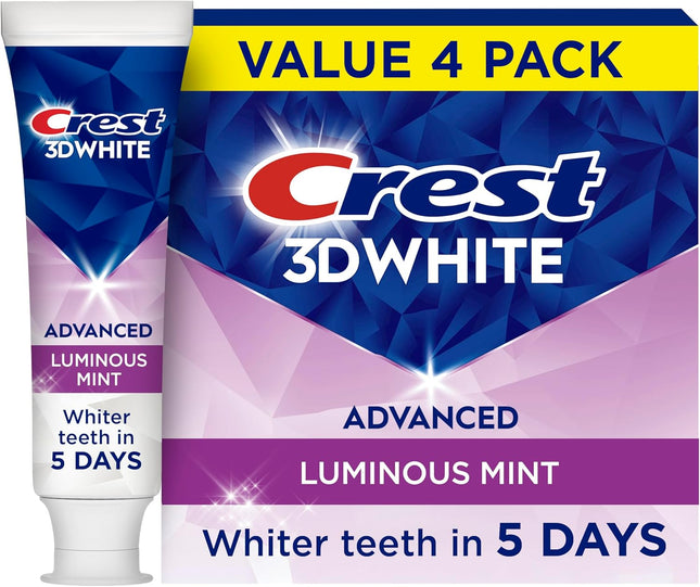 3D White Advanced, Teeth Whitening Toothpaste for Adults, 3.7 Oz, 4 Pack, Cavity Protection Fluoride Toothpaste, Strengthens Enamel, Travel Size Toiletries