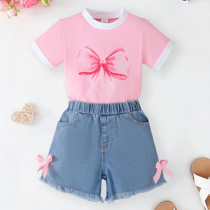Toddler Girls Summer Outfit Set – Cotton Print T-Shirt & Denim Shorts 2-Piece Set (2T-8Y)