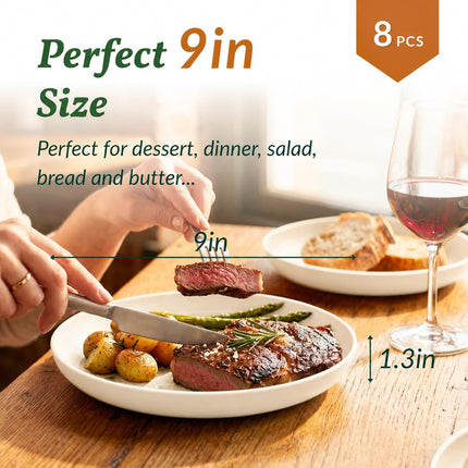 Wheat Straw Dinner Plates Set of 8, Unbreakable, Dishwasher & Microwave Safe, Modern Style, 9 Inch, Beige