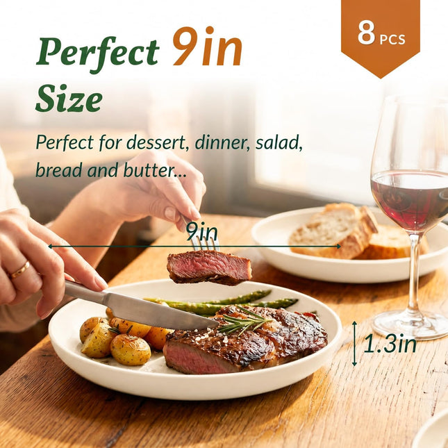 Wheat Straw Dinner Plates Set of 8, Unbreakable, Dishwasher & Microwave Safe, Modern Style, 9 Inch, Beige