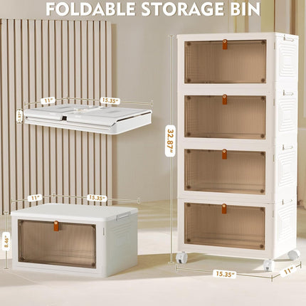 4-Tier Stackable Storage Bins with Lids, 23QT Folding Plastic Storage Containers with Wheels for Home, Office & Dorm