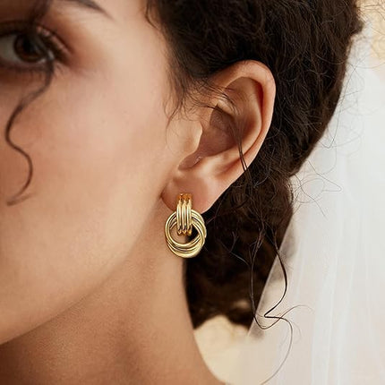 Women's Gold-Plated Knot Drop Earrings – Chunky Lightweight Hypoallergenic Statement Dangle Earrings