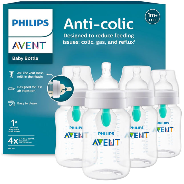 Anti-Colic Baby Bottle with Airfree Vent, Medium Flow 2 Nipple, 1M+, 9Oz, 4 Pack, Clear, SCY703/04