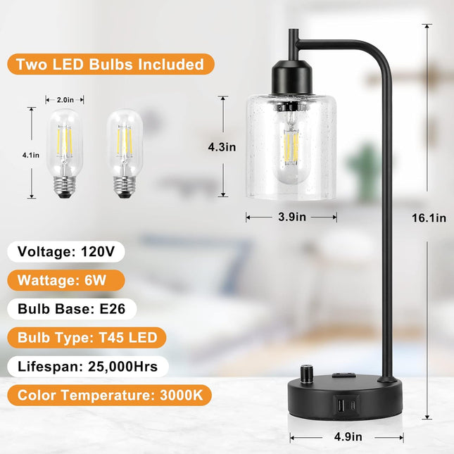 Industrial Table Lamps Set of 2, Fully Dimmable Bedside Nightstand Lamps with USB-A & USB-C Charging Ports and Outlet, Black Lamps with Glass Shade for Bedroom, Living Room, Office & Reading Desk