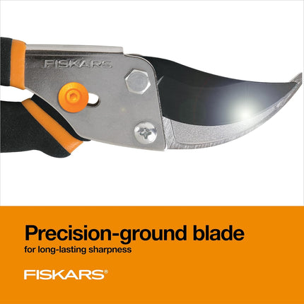 Fiskars Bypass Pruning Shears - Effortless Cutting with Sharp Steel Blades and Non-Slip Grip, Self-Cleaning Sap Groove, 5/8" Cut Capacity for Stems & Branches