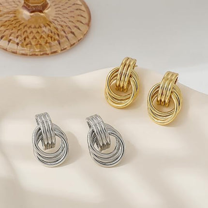 Women's Gold-Plated Knot Drop Earrings – Chunky Lightweight Hypoallergenic Statement Dangle Earrings