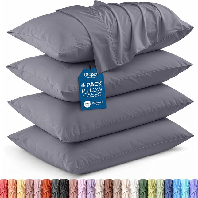 Utopia Bedding Queen Pillow Cases – 4-Pack Soft Brushed Microfiber Pillow Covers with Envelope Closure, Fade & Shrink Resistant, Queen Size 20 x 30 Inches, Grey
