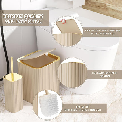 10-Piece Beige Bathroom Accessories Set – Complete Bathroom Organizer Kit with Toilet Brush & Trash Can