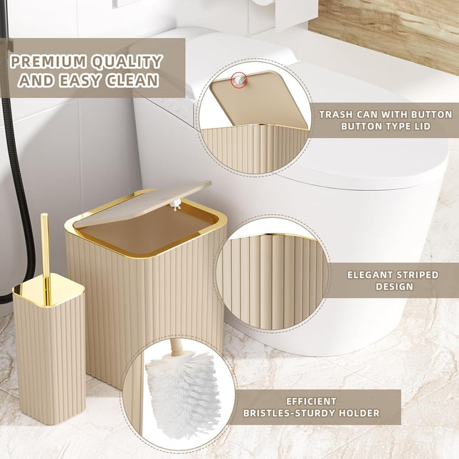 10-Piece Beige Bathroom Accessories Set – Complete Bathroom Organizer Kit with Toilet Brush & Trash Can
