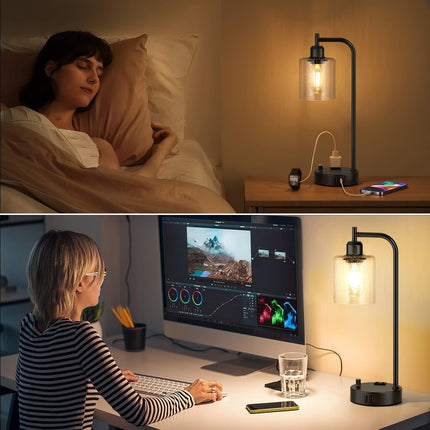 Industrial Table Lamps Set of 2, Fully Dimmable Bedside Nightstand Lamps with USB-A & USB-C Charging Ports and Outlet, Black Lamps with Glass Shade for Bedroom, Living Room, Office & Reading Desk