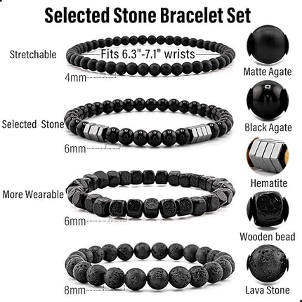Men's Hematite Bracelet Set – Tiger Eye, Matte Agate & Lava Rock Boho Beaded Bracelets