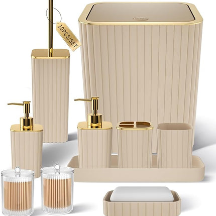 10-Piece Beige Bathroom Accessories Set – Complete Bathroom Organizer Kit with Toilet Brush & Trash Can