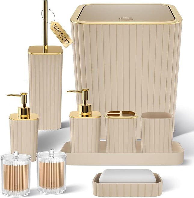 10-Piece Beige Bathroom Accessories Set – Complete Bathroom Organizer Kit with Toilet Brush & Trash Can