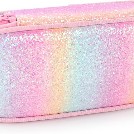 Girls Multi-Slot Pencil Case – Kids Pencil Pouch with Zipper, Large Capacity Stationery Organizer for School Supplies, Pink Blue Rainbow Design