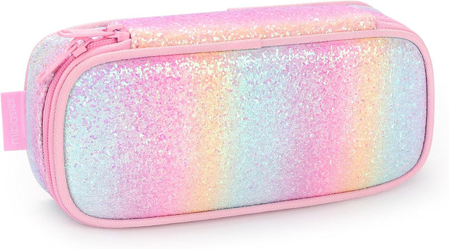 Girls Multi-Slot Pencil Case – Kids Pencil Pouch with Zipper, Large Capacity Stationery Organizer for School Supplies, Pink Blue Rainbow Design