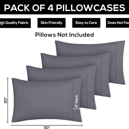 Utopia Bedding Queen Pillow Cases – 4-Pack Soft Brushed Microfiber Pillow Covers with Envelope Closure, Fade & Shrink Resistant, Queen Size 20 x 30 Inches, Grey