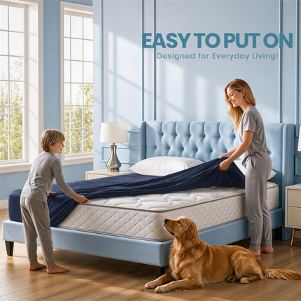 Twin Size Mattress Protector, Waterproof 200 GSM Terry Mattress Cover, Soft Breathable Fitted Bed Protector with Stretchable Deep Pocket Up to 15 Inches, Premium Mattress Pad Cover, Navy Blue