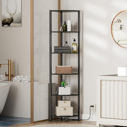 6 Tier Corner Shelf with LED Light, 67.5 Inch Tall Narrow Bookshelf Organizer, Black Standing Storage Rack with Metal Frame & Wood Shelves for Living Room, Bedroom, Office & Wall Corner Display
