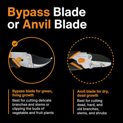 Fiskars Bypass Pruning Shears - Effortless Cutting with Sharp Steel Blades and Non-Slip Grip, Self-Cleaning Sap Groove, 5/8" Cut Capacity for Stems & Branches
