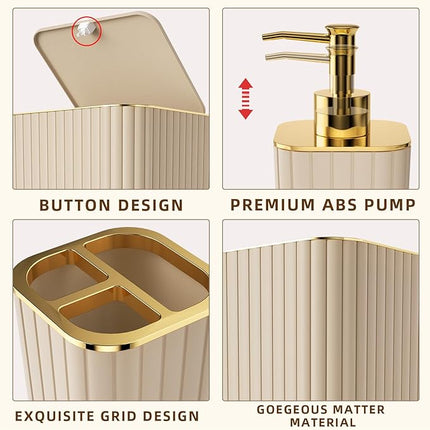 10-Piece Beige Bathroom Accessories Set – Complete Bathroom Organizer Kit with Toilet Brush & Trash Can